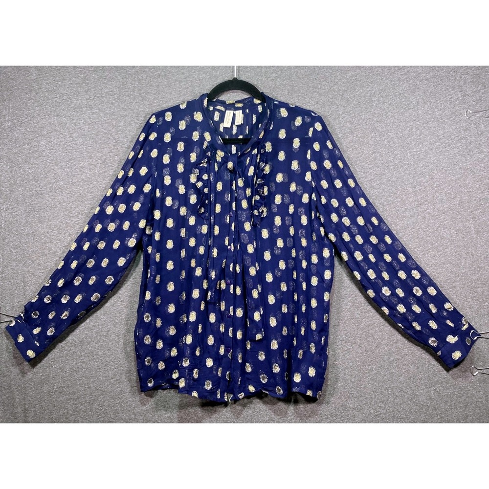 Meadow Rue Anthropologie Navy Blue Gold Metallic Polka Dot Tie Neck‎ Blouse US 8